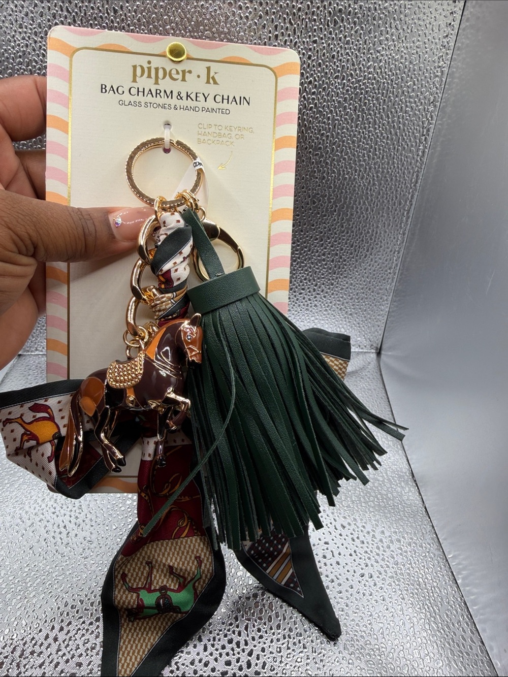 piper·k Dark Green Tassel Horse Bag Charm Keychain with Scarf Accent